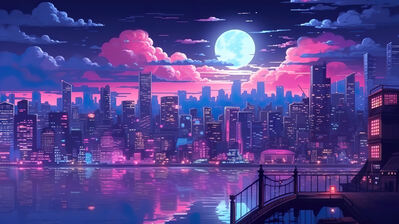 دانلود والپیپر شهر شب و ماه Night City Scenery Moon