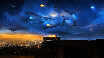 دانلود والپیپر نهنگ پرنده آسمان شب Night Sky Humpback Whale Flying