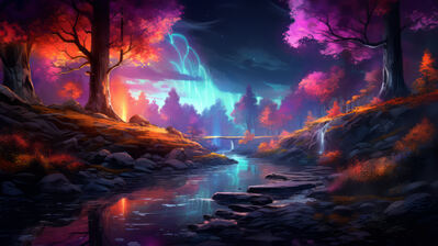 دانلود والپیپر جنگل و رودخانه دیجیتال آرت River Forest Scenery Digital Art
