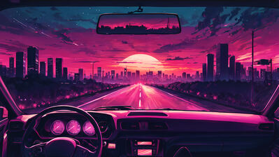 دانلود والپیپر منظره جاده غروب و آسمان خراش Road Sunset Car City Buildings Scenery