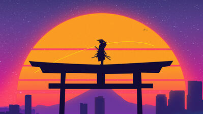 دانلود والپیپر سینت ویو سامورایی و توری سامورایی Samurai Torii Gate Synthwave