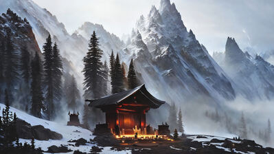 دانلود والپیپر زیارتگاه کوهستان Shrine Mountain Digital Art Scenery | معبد کوهستانی گذاشتی که با خودت بگی خیلی اسپیریتوالی؛ ولی حداکثر عرفانِ تو اینه که توی ریلز یه ویدیو از ذکر دیده‌ای.