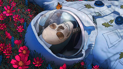 دانلود والپیپر اسکلت فضانورد و گل‌ها Skeleton Astronaut Flower Field