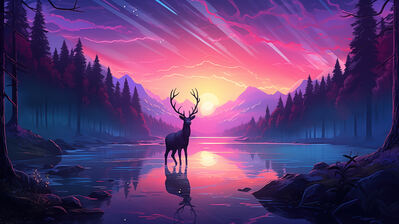 دانلود والپیپر منظره طلوع آهو و دریاچه جنگل Sunrise Deer Forest Lake