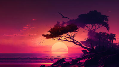 دانلود والپیپر منظره درخت غروب ساحل Sunset Beach Tree Scenery Art