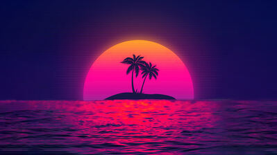دانلود والپیپر رتروویو غروب و نخل Sunset Retrowave
