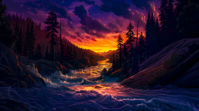 دانلود والپیپر منظره غروب آفتاب، رودخانه و جنگل Sunset River Forest Scenery