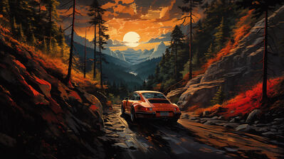دانلود والپیپر منظره جاده غروب و جنگل Sunset Road Car Forest Scenery