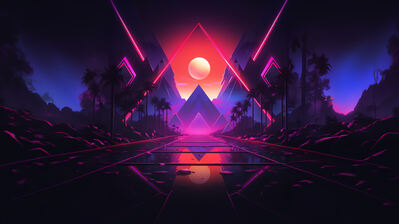 دانلود والپیپر سینت‌ویو ماه و جاده نخل Synthwave Retrowave Moon Road Palm Tree