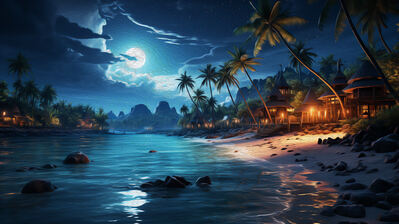 دانلود والپیپر جزیره گرمسیری ساحل مهتاب Tropical Island Beach Night Moon