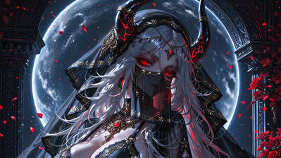 دانلود والپیپر دختر انیمه فانتزی لباس مجلسی شاخ و چشم قرمز Anime Girl Fantasy Gown Horn Red Eyes