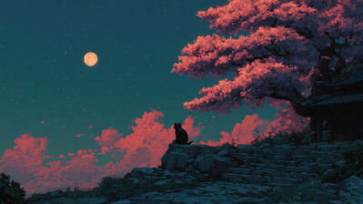 دانلود والپیپر گربه سیاه انیمه ماه شب Black Cat Anime Moon Night Scenery