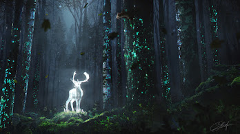 دانلود والپیپر گوزن جنگل شب فانتزی Deer Forest Night Fantasy