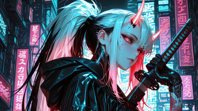 دانلود والپیپر دختر انیمه شیطان شاخ و کاتانا سایبر Anime Girl Demon Horn Cyberpunk Katana
