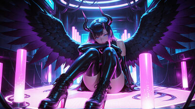 دانلود والپیپر دختر انیمه شاخ و بال و شیطان Anime Girl Devil Wings Horn Cyberpunk