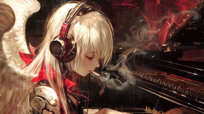 دانلود والپیپر دختر انیمه فرشته با سیگار و پیانو Anime Girl Angel Wings Smoking Piano Cyberpunk