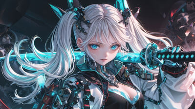 دانلود والپیپر دختر انیمه چشم آبی و کاتانا سایبرپانک Anime Girl Blue Eyes White Hair Katana Cyberpunk