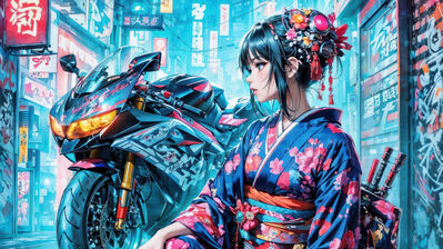 دانلود والپیپر دختر انیمه کیمونو و موتورسیکلت Anime Girl Kimono Motorcycle