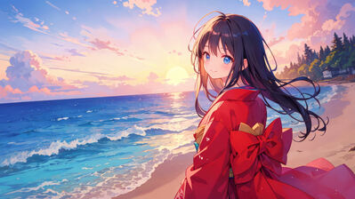 دانلود والپیپر دختر انیمه کیمونو و اقیانوس Anime Girl Kimono Ocean Waves Sunset
