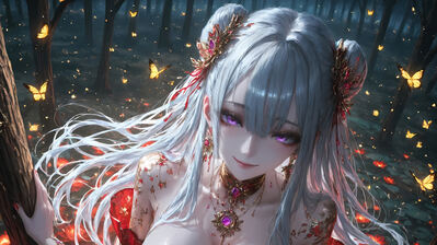 دانلود والپیپر دختر انیمه سفیدمو و پروانه در جنگل Anime Girl White Hair Butterfly Forest