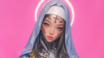 دانلود والپیپر دختر انیمه سایبرپانک راهبه با خالکوبی Cyberpunk Anime Girl Nun with Tattoo