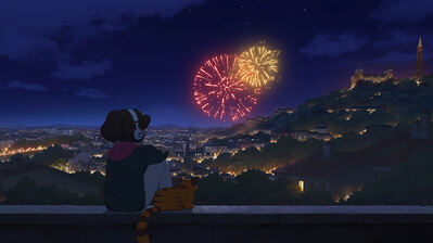 دانلود والپیپر لوفی گرل، گربه و آتش‌بازی شب Lofi Girl Cat Night Fireworks