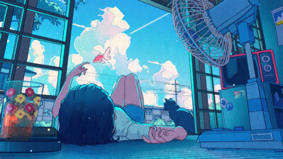 دانلود والپیپر تابستان دختر انیمه و گربه Summer Anime Girl Cat