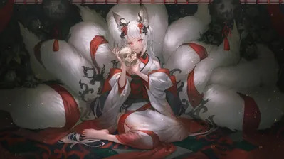دانلود والپیپر دختر روباه انیمه مو سفید Anime Fox Girl White Hair