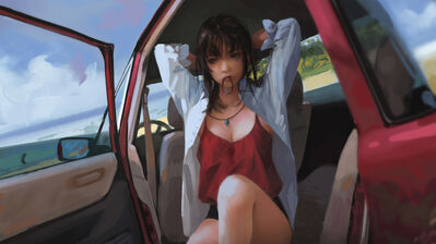 دانلود والپیپر دختر انیمه ماشین Anime Girl Car | دختر انیمه‌ای کنار ماشین اسپورت یعنی تو ذهنت توی خیابونای شب کروز می‌کنی، ولی واقعاً ماشینت صدای ویز ویز میده.