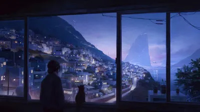 دانلود والپیپر دختر انیمه گربه منظره شب Anime Girl Cat Art Night Scenery