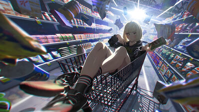 دانلود والپیپر دختر انیمه با سبد خرید غذا Anime Girl Food Shopping Cart | دختر با چرخ خرید یعنی عاشق خوراکی، ولی راستش توی خونه فقط پودر سوپ داری.