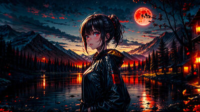 دانلود والپیپر دختر انیمه و دریاچه شب Anime Girl Lake Mountain Night Moon