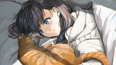 دانلود والپیپر دختر انیمه دراز کشیده با گربه Anime Girl Laying with Cat