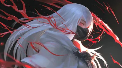 دانلود والپیپر دختر انیمه مو سفید و ماسک فانتزی Anime Girl White Hair Mask Fantasy