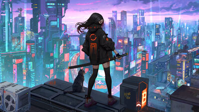 دانلود والپیپر دختر سایبری گربه و شهر علمی تخیلی Cyberpunk Anime Girl Cat Sci-Fi City