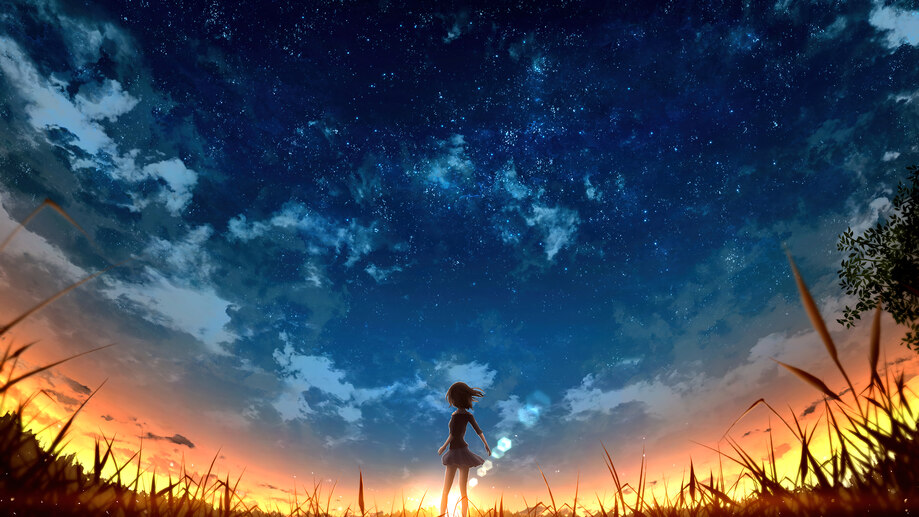 دانلود والپیپر شب پرستاره انیمه Night Sky Stars Sunset Scenery Anime Art