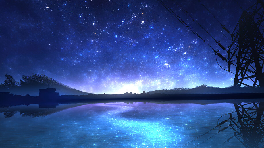 دانلود والپیپر منظره شب و ستاره انیمه Night Stars Scenery Anime Art