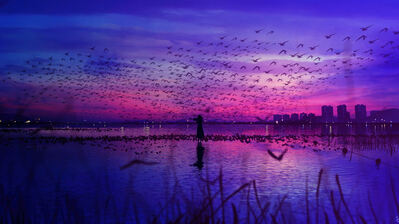 دانلود والپیپر انیمه سیلوئت غروب Sunset Scenery Anime Art Silhouette