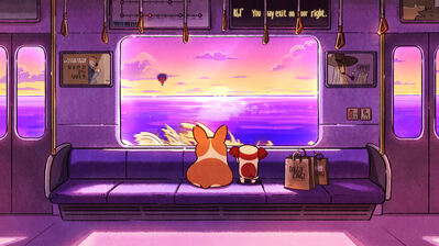 دانلود والپیپر سگ‌های کورگی قطار غروب دیجیتال آرت Corgi Dogs Train Sunset Digital Art