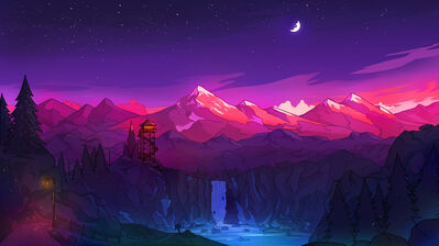 دانلود والپیپر آتش‌بانی جنگل و آبشار شبانه Forest Fire Lookout Night Sky Mountain Waterfall