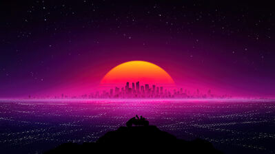 دانلود والپیپر غروب شهر آینده و سنت‌ویو Futuristic City Sunset Night Sky Vaporwave Synthwave