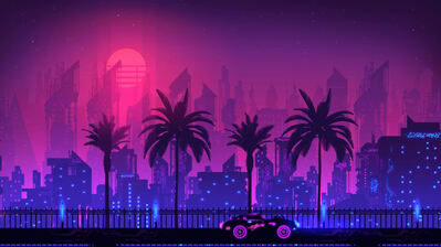 دانلود والپیپر شهر شب درخت نخل و ماشین Night City Palm Trees Car