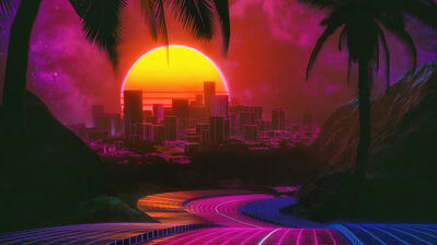 دانلود والپیپر اوتران سانست سیتی رتروویو Outrun City Sunset Retrowave Digital Art