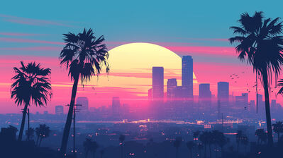 دانلود والپیپر غروب شهر و درخت نخل Sunset City Palm Tree
