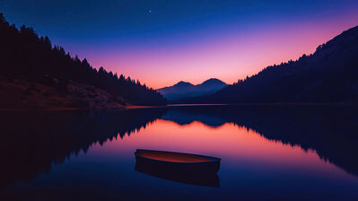 دانلود والپیپر منظره غروب دریاچه قایق آسمان شب Sunset Lake Boat Night Sky