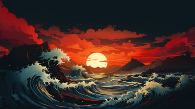 دانلود والپیپر غروب و امواج اقیانوس Sunset Ocean Waves Art