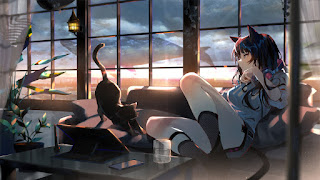 دانلود والپیپر دختر انیمه گربه غروب آفتاب Anime Girl Cat Sunset
