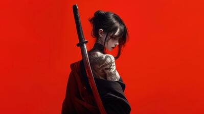 دانلود والپیپر دختر انیمه با کاتانا و خالکوبی Anime Girl Katana Tattoo