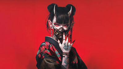 دانلود والپیپر دختر انیمه با ماسک اونی و چشم قرمز و شاخ Anime Girl Oni Mask Red Eyes Horn