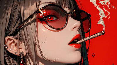 دانلود والپیپر دختر انیمه چشم قرمز عینک سیگار Anime Girl Red Eyes